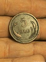Reverse showing denomination 5 ØRE with dolphin and wheat sprig