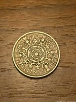 Reverse of 1955 two shillings coin showing Tudor rose design