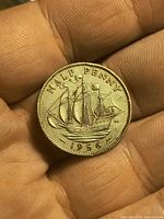 Reverse of coin showing Golden Hind and date 1956