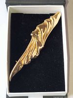 Front view of gold plated brooch in box