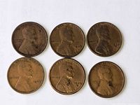 Obverse view of six Lincoln cents showing dates 1925-1930