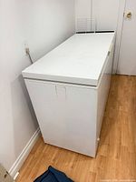 Full exterior view of white Woods chest freezer with closed lid
