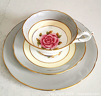 Stacked view of cup on saucer on plate