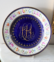 Front view of Dresden cobalt and floral plate