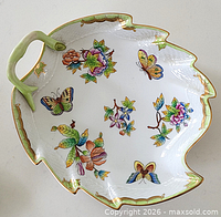 Top view of Herend Queen Victoria leaf dish showing full pattern and shape