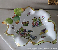 Top view of Herend Queen Victoria leaf bowl showing overall shape and decoration