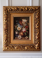 Front view of framed floral oil painting