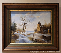 Full view of framed winter landscape oil painting