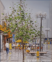 Close view of painting showing detailed street scene