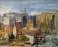 Close view of cityscape detail showing brushwork and colour palette