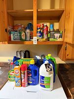 Cabinet and countertop showing majority of jugs, bottles and aerosol cans