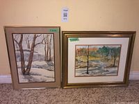 Both framed watercolour paintings side by side on floor