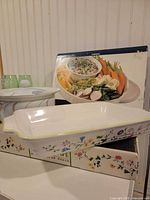 Corningware boxed bowl, Dansk casserole, rectangular baker, green tumblers