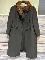 Front view showing double-breasted button layout, fur collar, lining glimpse