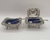 Mustard pot and open salt with liners and spoons assembled