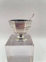 Salt cellar with cobalt liner and spoon, oblique view