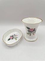 Vase and trinket dish front view showing pattern and gilt