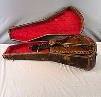 Harp-lute resting in open red plush-lined shaped case showing full instrument and worn case exterior