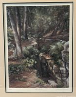 Full view of print showing woodland scene, matting and signature