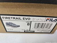 Box end label showing Fila Firetrail EVO, women’s size US 8, UK 5.5, EU 39