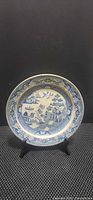Front view of blue-and-white willow-style plate on stand