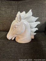 front view glossy white ceramic horse head vase showing condition