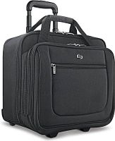 Front angled view of black rolling laptop suitcase showing telescoping handle, front pocket and wheels