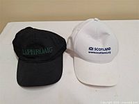 Front view of both hats, showing colors and embroidery