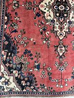 Section of rug showing red field, floral motifs, border