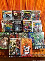 Rack displaying all comic books in lot