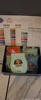 Box containing six Scentsy wax melt bars in assorted scents with scent chart behind