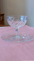 Coupe champagne glass on matching plate showing pattern detail