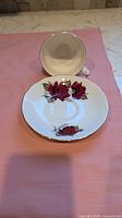 Saucer with rose pattern and cup rim view