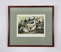 Full view of framed lithograph with mat and wood frame