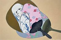 Front view of woodblock print showing full image of girl within fan motif