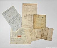 All six deeds arranged to show variety, including vellum indenture, blue 1947 document, folded deed cover, revenue-stamped deed