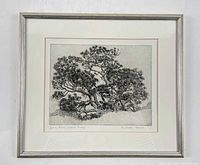 Front view of framed etching showing artwork, mat and frame
