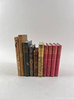 Group shot of all ten hardcover books standing upright showing spines and bindings