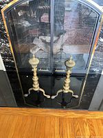 Full view of both brass andirons in front of fireplace