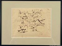Framed ink drawing close-up showing artwork, signature, date