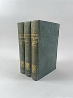 Front view of the three volumes showing spines with gilt titles