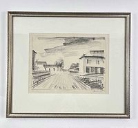 Full view of framed charcoal landscape drawing