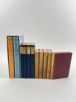 All volumes grouped showing two slip-cased sets, four blue novellas and six tan/maroon cloth books