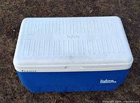 Closed cooler showing white lid with ruler and blue body