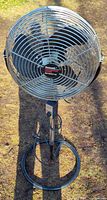 Full view of Duracraft stand fan showing cage, blades, pole and base