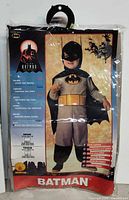 Front of sealed Batman toddler costume package on hanger