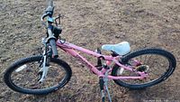 Right side view of entire pink Gary Fisher bike lying on ground