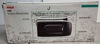 Front of boxed RCA UVR1Q VHS video rewinder highlighting key features