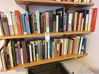 Two wall shelves filled with mixed hardcover and paperback academic and non-fiction titles