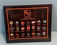 Front view of framed NHL logo pin collection